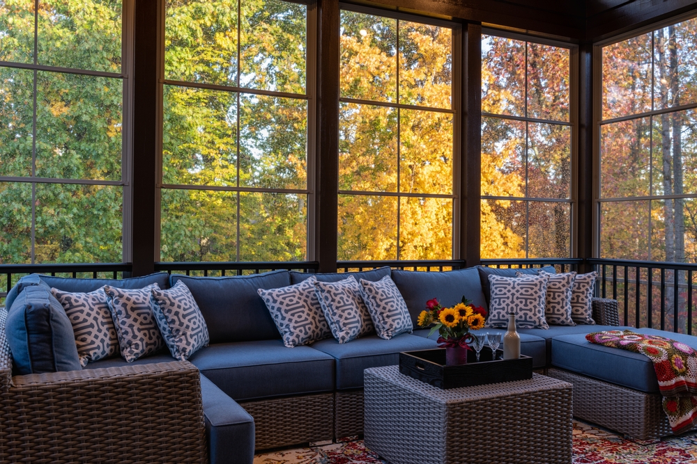 Cozy,Screened,Porch,In,Early,Morning,,Rain,Drops,On,Window